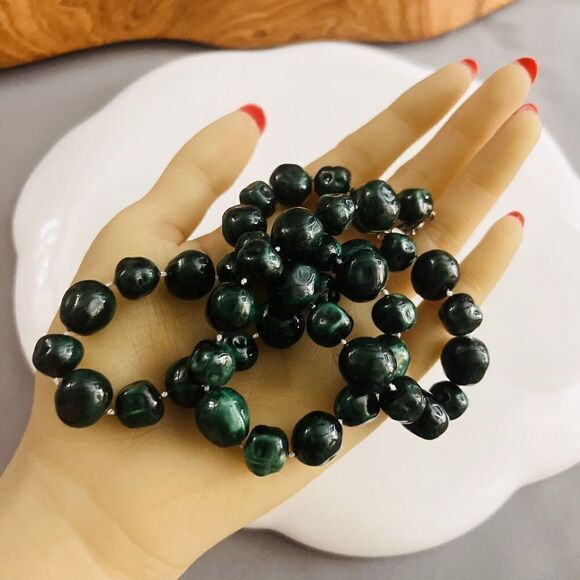 Vintage Lucite Necklace Green Gold Chunky Potato Beads Beaded Pretty Color 4547 - Picture 6 of 9
